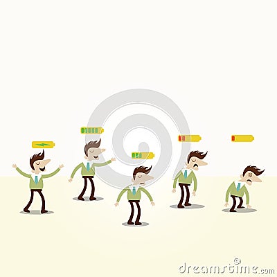 Concept Fully charged to exhausted business man with battery ind Vector Illustration