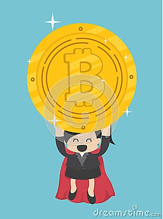 Concept Funny superhero Business Woman flying hold Bitcoin Vector Illustration