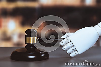 Concept of future and fair justice system by robotic holding gavel. Equilibrium Stock Photo