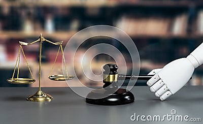 Concept of future and fair justice system by robotic holding gavel. Equilibrium Stock Photo