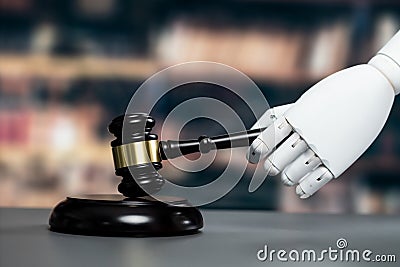 Concept of future and fair justice system by robotic holding gavel. Equilibrium Stock Photo