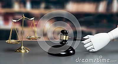 Concept of future and fair justice system by robotic holding gavel. Equilibrium Stock Photo