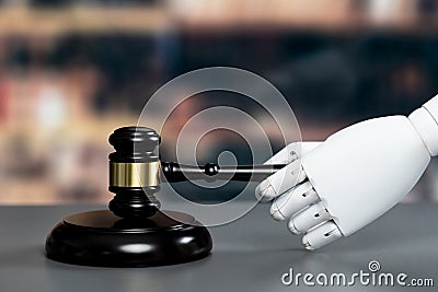 Concept of future and fair justice system by robotic holding gavel. Equilibrium Stock Photo