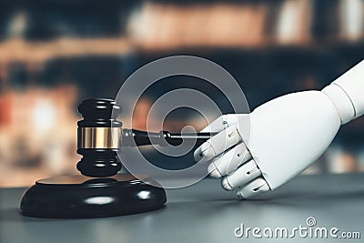 Concept of future and fair justice system by robotic holding gavel. Equilibrium Stock Photo