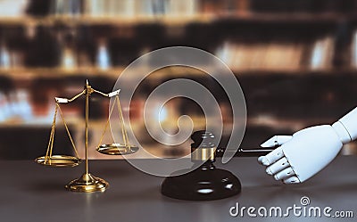 Concept of future and fair justice system by robotic holding gavel. Equilibrium Stock Photo