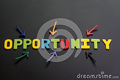 Concept of future opportunity in career path, job or work journey, colorful arrows pointing to the word OPPORTUNITY at the center Stock Photo