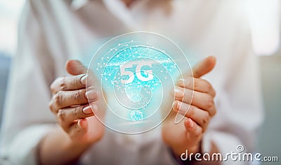 Concept of future technology 5G network, hands holding high-speed new generation networks screen interface. Wireless systems. Stock Photo
