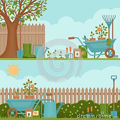 Concept of gardening. Garden tools. Banner with summer garden l Vector Illustration