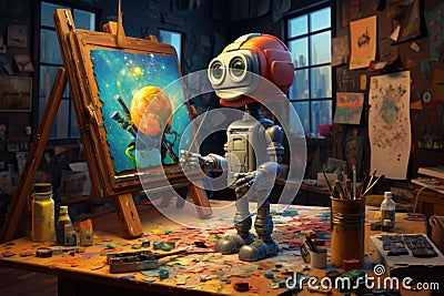 Generative AI art technology concept, robot painting picture in studio. comeliness Stock Photo