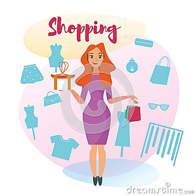 The Concept girlfriends Shopping in the Style Shop Vector Illustration