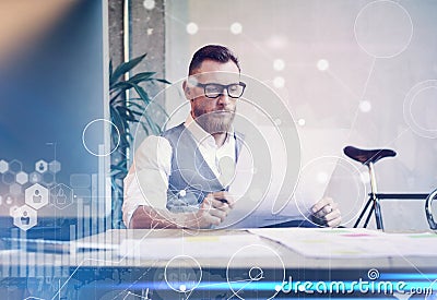 Concept Global Connection Virtual Icon Diagram Graph Interface Marketing Reserch.Bearded Businessman Making Great Stock Photo