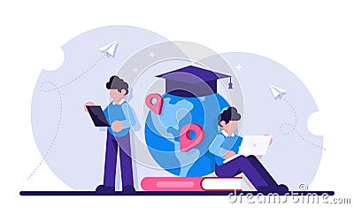 Concept of global education. Boy standing in front of books and globe with cap. Study abroad, international student Vector Illustration