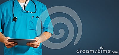 Concept of global medicine and healthcare. Unrecognizable doctor using digital tablet. Diagnostics and modern technology on blue Stock Photo