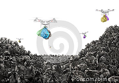 Concept of global pollution. Drones carry garbage bags Stock Photo