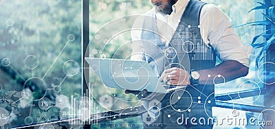 Concept Global Strategy Graph Virtual Icon Diagram.Innovations Searching Interface.Bearded Businessman Wearing Glasses Stock Photo