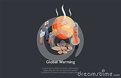 Concept Of Global Warming, CO2 Emissions Into The Atmosphere And Climat Change. Group Of Volunteers Activists Advocate Vector Illustration