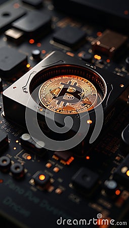 A glowing Bitcoin icon inside a futuristic digital circuit box signifies cryptos connection to security tech and innovation with Stock Photo