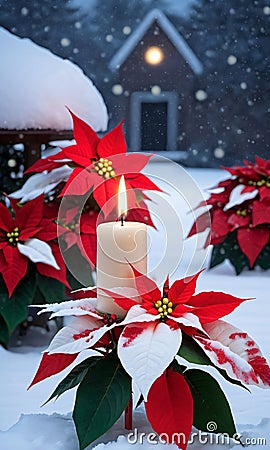 A Glowing Candle Casting Light On Poinsettias And Candy Canes Amidst A Snowy Setting, Shot At Dusk. Generative AI Stock Photo