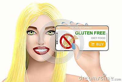 Concept gluten free diet food. Drawn pretty girl on colourful background. Illustration Cartoon Illustration