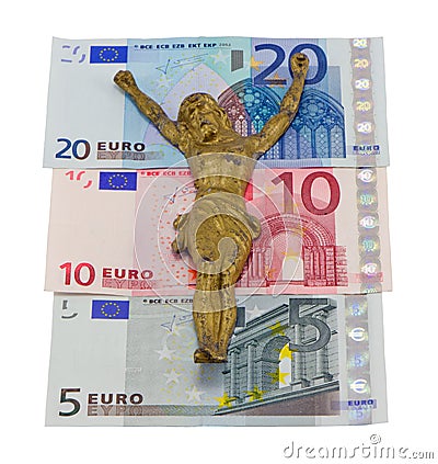 Concept gold jesus crucify euro banknotes isolated Stock Photo