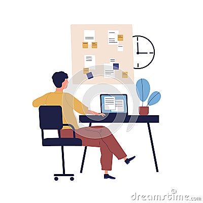 Concept of good time management, work plan. Organize schedule. Man, office manager at workplace with clock, board with Vector Illustration