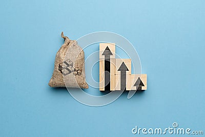 The concept of a gradual increase in capital and money. Money bag and up arrow image Stock Photo