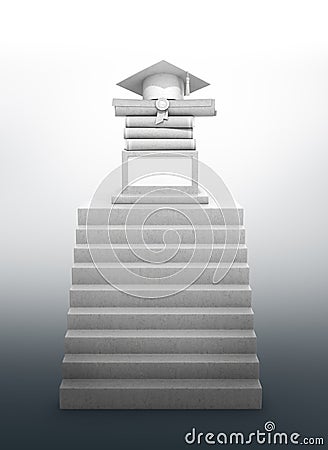 Concept graduate, education. A staircase leading to a pedestal with books, diploma and a graduate hat. Concrete construction. 3d i Cartoon Illustration
