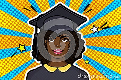 Concept of a graduating class. Girl in Graduation cap in pop art style Vector Illustration