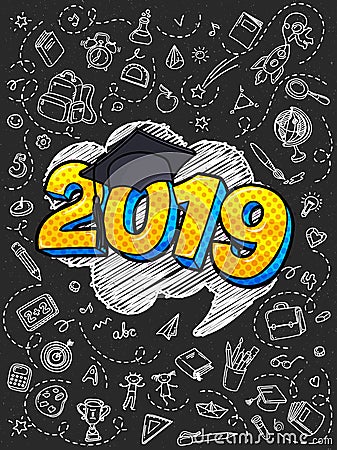 Concept of a graduating class of 2019. Numbers with graduation cap in pop art style Vector Illustration