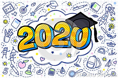 Concept of a graduating class of 2020. Numbers with graduation cap in pop art style Vector Illustration