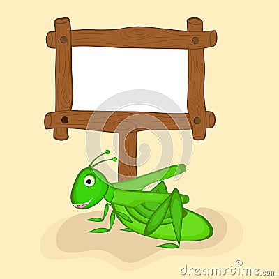 Concept of grasshopper with blank wooden board. Stock Photo