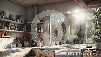 A Green And Beige Rustic Country Kitchen With White Tiles. An Island. And Wood Logs On The Ceiling Rendered In 3d. Generative AI Stock Photo