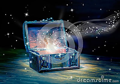 Concept greeting card of opened chest treasure with mystical mir Stock Photo