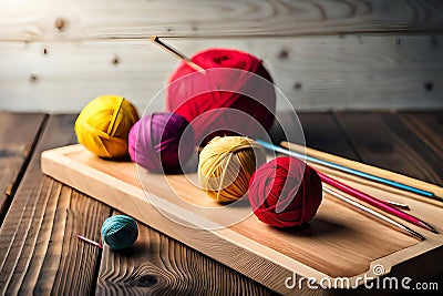 A group of balls of yarn and knitting needles on a table with yarn balls and needles in the middle of the image and a ball of yarn Stock Photo