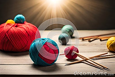 A group of balls of yarn and knitting needles on a table with yarn balls and needles in the middle of the image and a ball of yarn Stock Photo