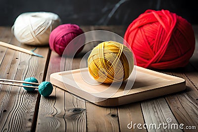 A group of balls of yarn and knitting needles on a table with yarn balls and needles in the middle of the image and a ball of yarn Stock Photo