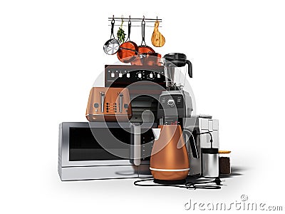 Concept group kitchen electrical appliances microwave coffee machine blender electric cooker with electric oven 3d render on white Stock Photo