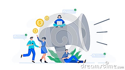 A concept with a group of people with smartphones near a giant megaphone. Vector Illustration