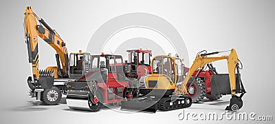 Concept group of road machinery excavator road roller 3D rendering on gray background with shadow Stock Photo