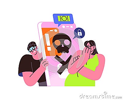 Concept of hacking, cyber crime in the Internet. Phishing of personal data by adware, malware. Hacker scams, steals Vector Illustration