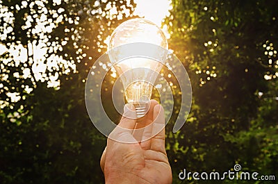 concept hand hold light bulb solar energy in nature Stock Photo