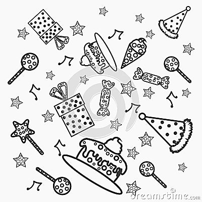 Concept of Happy Birthday doodles. Stock Photo