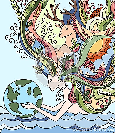Concept of happy earth day, april 22, ecology. Cartoon vector illustration. Human holding earth. Vector Illustration