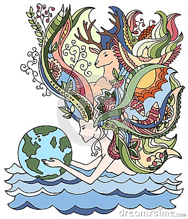 Concept of happy earth day, april 22, ecology. Cartoon vector illustration. Human holding earth. Vector Illustration