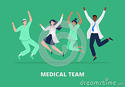 Concept of happy medicine team. Multicultural group of people jumping with raised hands in various poses. Stock Photo