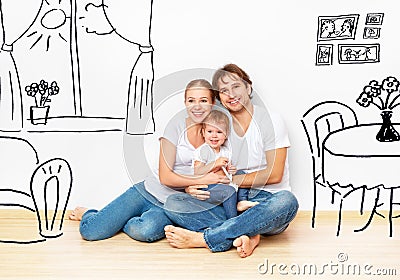 Concept : happy young family in new apartment dream and plan interior Stock Photo