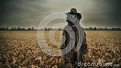 The Haunting Scarecrow A Sinister Guardian of the Fields.AI Generated Stock Photo