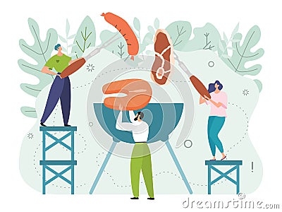 Concept having a bbg party with friends outdoors on a nice day off and deliciously cooked food in flat style vector Vector Illustration