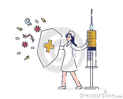 Concept Of Health Care And Children Vaccination. Doctor Pediatrician Woman With a Big Shield And Syringe of Vaccine Vector Illustration