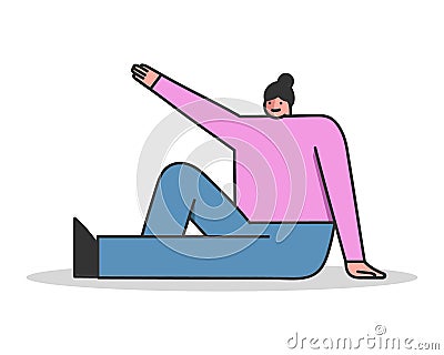 Concept Of Health Care. Young Girl Is Exercising Sitting On The Floor. Woman Do Morning Exercises Or Yoga Vector Illustration